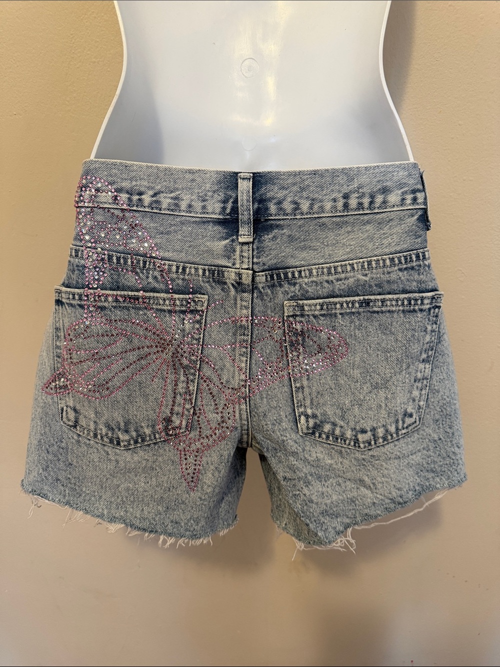 Light Blue Denim Shorts with Pink Rhinestone Butterfly Accent